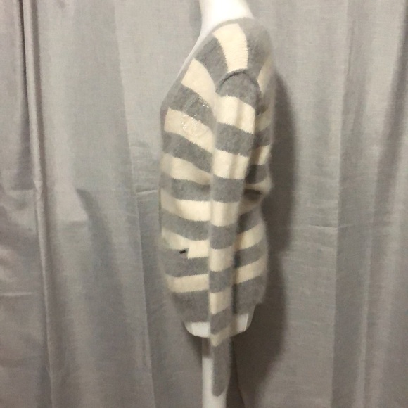 RARE-VS PINK Angora Cardigan-Sz S-Gray&White Stripes-Deep V Neck-EUC - Picture 9 of 16